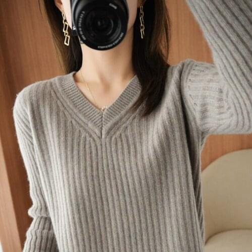 100% Merino Wool Womens V-neck Sweater 2021 Autumn Winter Warm Soft Knit Pullover Korean Style Wild Slim Femme Cashmere Sweater