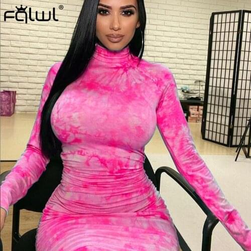 FQLWL Tie Dye Print Club Sexy Bodycon Pleated Dress Women Long Sleeve Ruched Summer Maxi Dress Pink Long Party Ladies Wrap Dress