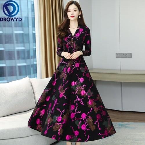 2021 Autumn Elegant V-neck Long Sleeve Printed Dress for Women Boho Floral Chiffon Maxi Dresses Fashion Bodycon Party Vestidos