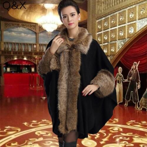 SC75 2017 New Fashion Women Autumn And Winter Patchwork Fur Collar Poncho Imitation Cashmere Long Sleeve Knit Shawl Cloak Coat