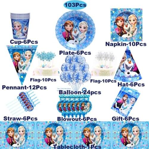 Disney Frozen 103/pcs Baby Shower Party DecorationDisposable Tableware Sets Girls Birthday Party Theme Party Decoration Supply