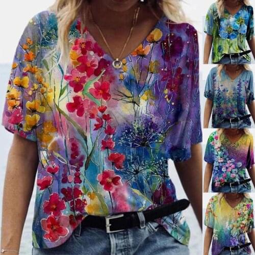 5xl Plus Size Floral Blouses Women Printing Short Sleeve Shirts V-neck Casual Fashion Tunic Tops Female Clothing Рубашка Женская