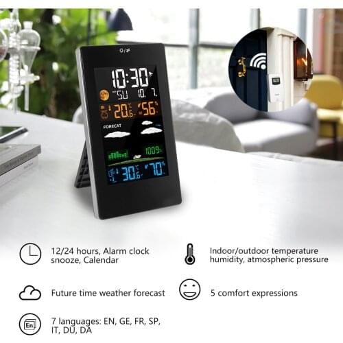 Wireless Weather Station Indoor Outdoor Weather Forecaster Sensor Digital Thermometer Hygrometer Monitor Alarm Clock Moon Phase