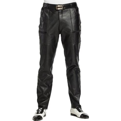 Genuine Leather Pants Men Real Sheepskin Motorcycle Biker Male Trousers Spring Autumn Winter Casual Fashion Brand Mens Pants