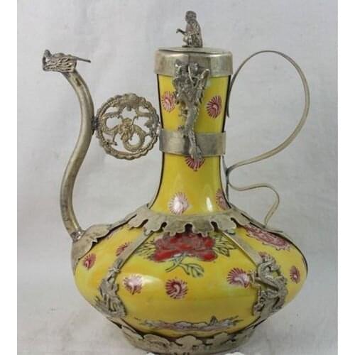 Design silver SIlver yellow Porcelain Dragon Phoenix Monkey Wine Tea Pot Flagon tools wedding Decoration Brass
