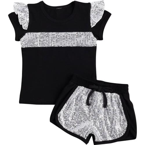 New Girls 2 Pcs Set, Patchwork Color Short Lace Sleeve Crew Neck Top and Short Pants with Drawstring