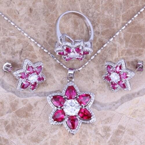 Graceful Red Cubic Zirconia White CZ Silver Plated Jewelry Sets Earrings Pendant Ring Size 6 / 7 / 8 / 9 / 10 S0432