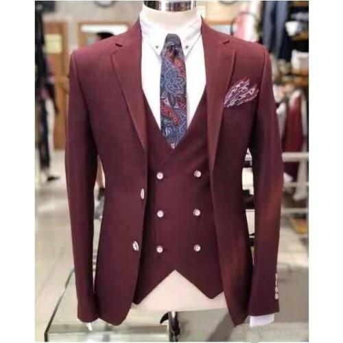 Handsome Burgundy Men Work Suit 3 pieces Groom Tuxedos Peak Lapel Coat Waistcoat Trousers Set (Jacket+Pants+Vest+Tie) NO:271