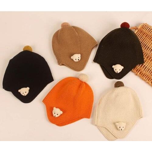 Cute Baby Hat Autumn Winter Solid Color 3D Bear Beanie Cap Boy Girl Ear Protection Toddler Children Bobble Hat Bonnet 1-4Y