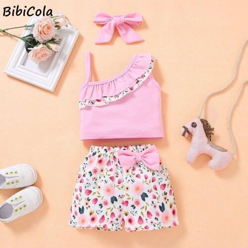 Kid Baby Girls Cute Pink Floral Clothes Sets Summer Sling Sleeveless Tops+ Shorts + Headband 3pcs Outfits Fashion Clothing