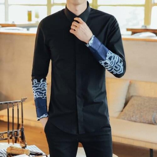 Men Long Sleeve Chinese Style Retro Embroidery Shirt Slim Fit Casual Tops