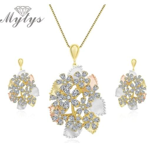 Mytys High Level Zircon Jewelry Sets for Women Necklace Earrings Sets Rose Yellow Silver Three Gold Color Matching Matt Jewelry