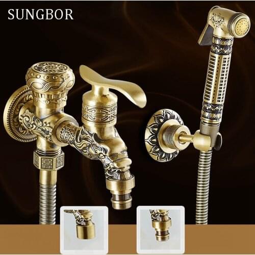 Wall Mounted Antique Brass Bidet Faucets Bathroom Shower Toilet Washing Machine Faucet Cold Water With Hand Shower Bracket 818F