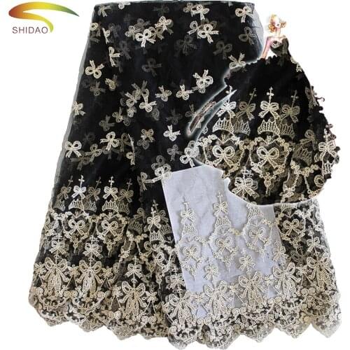 Nigerian lace work high quality golden thread embroidery french tulle lace fabrics for Indian women black evening dress 5 yards