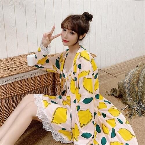 Nightgown female spring and autumn long-sleeved Japanese sweet sexy sling 2PCs with chest pad home service lace edge robe badjas