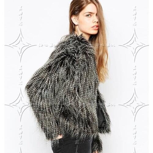2018 New Women Fashion Winter fur Faux Coat Black long Leisure V - neck Imitation ostrich hair Long sleeve Leisure Jacket