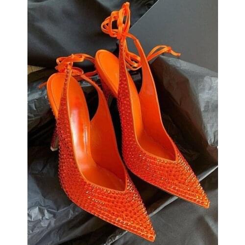 Charming Woman Orange Rhinestone Back Strap Lace Up Pumps High Heels Pointed toe Crystal Drilled Bling Wedding Dress Heels