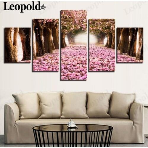 Modern Fan Flower Canvas Poster Wall Art Cherry Blossom Forest Trail Painting 5 Pieces of Nordic Home Decoration Accessories