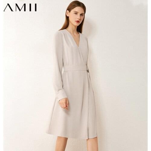AMII Minimalism Autumn Womens Dress Fashion Olstyle Vneck High Waist Dresses For Women Knee-length Female Dress 12020299