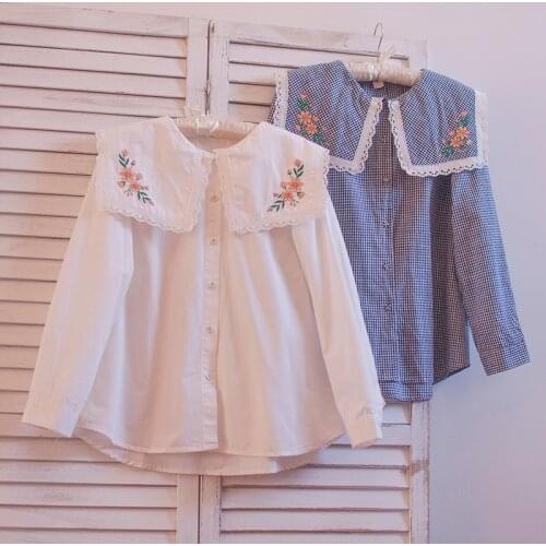 Korea Style Literary Fresh Embroidery Lace Peter Pan Collar Plaid Loose Casual Long Sleeve Shirt