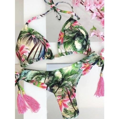 Sexy Bikinis Strap Halter Swimsuit Women String Bow Swimwear Women Push Up Biquini Bathing Suits 2020 Printing Bikini Set