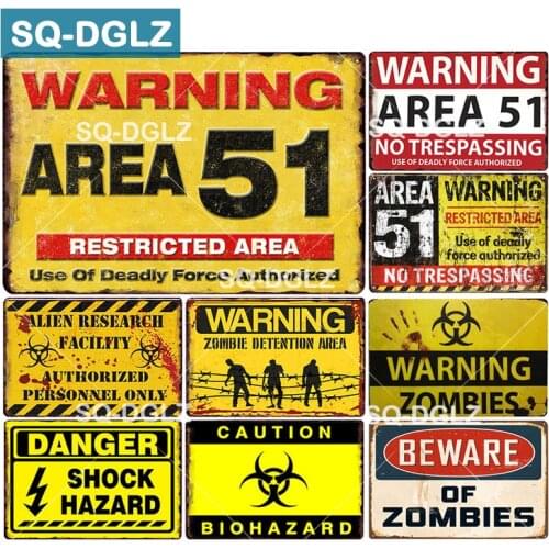 [SQ-DGLZ] Warning Area 51 Metal Tin Sign WARNING OF ZOMBIES Plaque Paint Wall Decor DANGER Painting Plaques