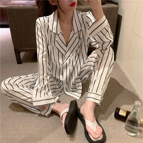 Net red pajamas womens long-sleeve vertical stripes simple fashion suit with pocket bathrobe loose home service sexy sleepwear