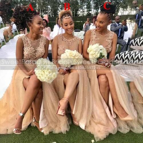Dark Champagne Tulle Bridesmaid Dresses With Pearls Beads Appliques A Line Sheer Neck Side Split Women Long Wedding Party Dress
