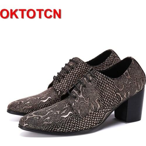 Thick Heel Mens Pointed Toe Dress Shoes Lace Up Genuine Leather Shoes Men Bling Gold Print Mens Shoes High Heels Large Sizes 46