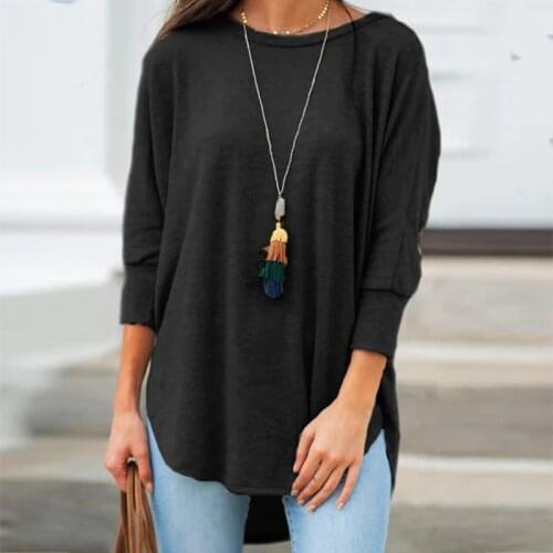 Solid Black Shirt Woman Casual Cotton O Neck Womens Tops And Blouses Three Quarter Sleeve Irregular Women Blouses Tunic Autumn