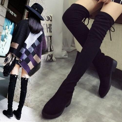 Women shoes New Over The Knee Thigh High Black Boots Women Flats Long Boots Low Heel suede Leather Shoes EUR35-41