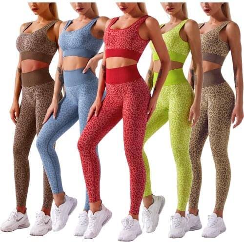 Womens Leopard Printed 2Pcs Yoga Suit, Sports Bra with High Waist Tight Long Pants for Exercise Wear 2021 New Fashion