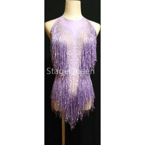 Purple Red Fringes Rhinestones Bodysuit Dance Show One-piece Sexy Costume Womens Performance Leotard Female Singer clothing
