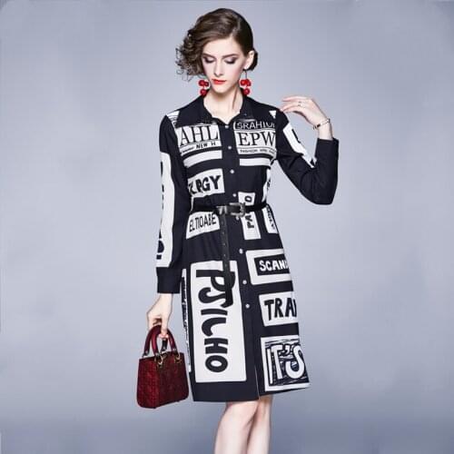 2019 Autumn All-match Waist Self-cultivation Skinny Location Printing Dress Shirt Woman Long Sleeve