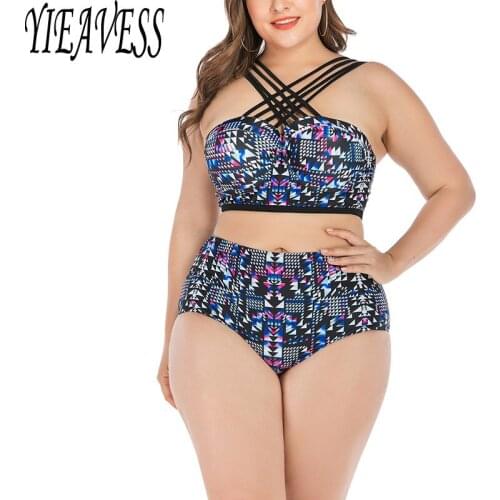 2020 Retro Plus Size Tankini Women Striped Halter Crossed Two Pieces Swimwear Big Cup Push Up Vintage Bathing Suit Large Biquini