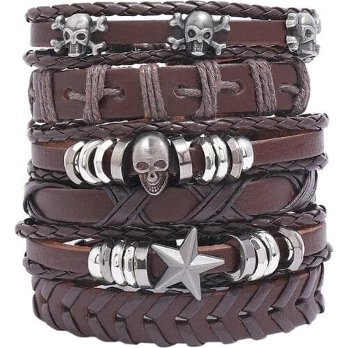 6pcs/set Brown Wrap Woven New Fashion Handmade Men Bracelets Male Women Leather Bracelet Alloy Skull Men Bangle Jewelry Gift