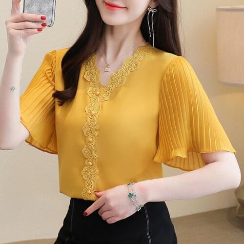 White Blouse 2021 Summer Loose New Chiffon Shirt Flared Sleeve Lace Shirt V-neck Casual Solid Blouse Plus Size S-3XL 14176