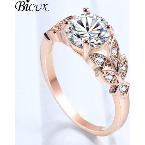 BICUX Fashion Geometric Big Crystal Silver Color Gold Love Rings Leaf Wedding Rose Cubic Zircon Ring For Women Jewelry Gift