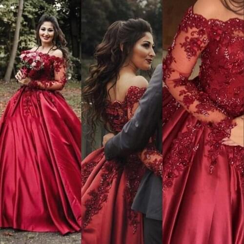 Burgundy Dark Red Ball Gown Wedding Dresses Off Shoulder Long Sleeves Satin Lace Appliques Flowers Beaded Plus Size Formal Brida