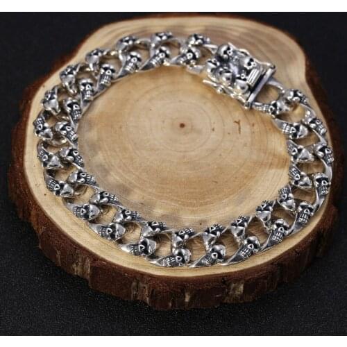 Authentic 925 Sterling Silver 12mm Skull Bracelet Link Chain Men Bracelet Vintage Thai Silver Punk Bracelets Men Fine Jewelry