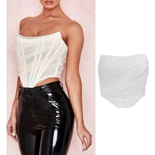 Women Sexy Strapless Mesh Bustier Corset Crop Top Zip Up Backless Solid Color Boned Cami Push Up Off the Shoulder Body Shaper C