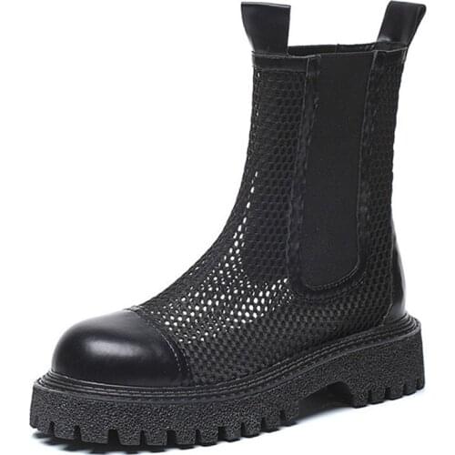 Smoke tube boots breathable sandals womens Fashion leather mid-tube boots thick-soled Increase short boots mesh hollow shoes