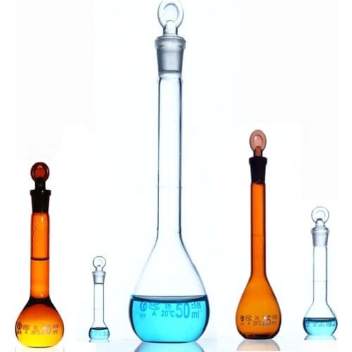 1pcs 1ml to 50ml Lab clear/brown Glass Flat bottom Volumetric Flask with Stopper,Chemistry experiment teaching instrument