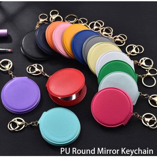 Korean Fashion Makeup Mirror Pu Small round Mirror Keychain Double-Sided Folding Mirror Furry Ball Mirror Pendant