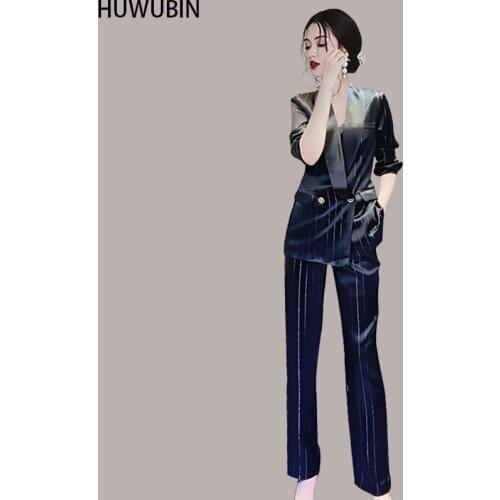 Foreign Style Acetic Acid Suit Summer Autumn New Suit Collar Black White Professional Suit Coat + Fashionable Wide Leg Pant