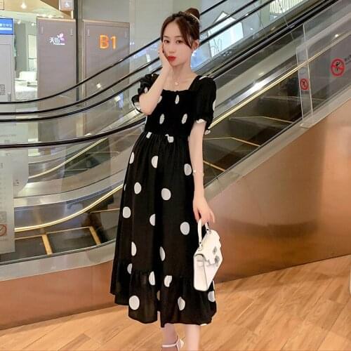 Summer Maternity Dresses Round Dot Pregnant Womens Loose Outwear Dress Square Collar Plus Size Elegant Fairy Pregnancy Clothes