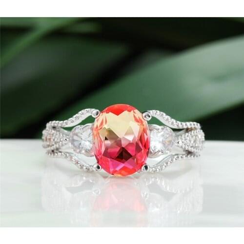 Small Oval Pink Yellow Crystal Rings For Women Vintage Fashion Rainbow Gradient Zircon Ring Female Wedding Engagement Jewelry