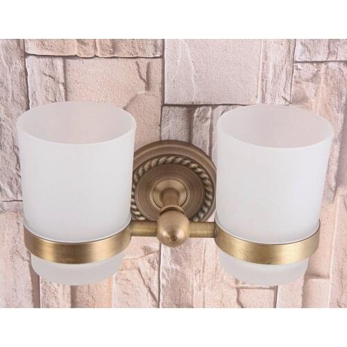 Wall Mounted Vintage Retro Antique Brass Bathroom Toothbrush Holder Set Bathroom Accessory Dual frosted Glass Cup mba223