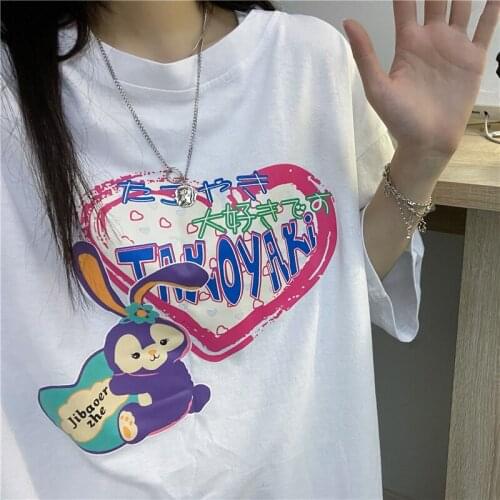 Original letter version cartoon printed short-sleeved T-shirt top loose round neck Harajuku style simple