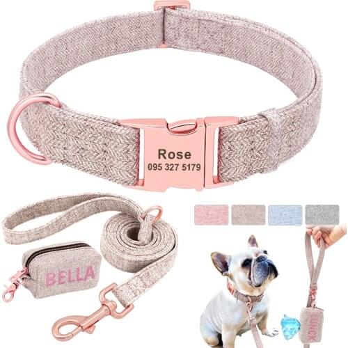 Personalized Dog Collar Leash Set Custom Pet Poop Bag For Small Medium Large Dogs Outdoor Puppy Garbage Bags Pet Supplies Pug